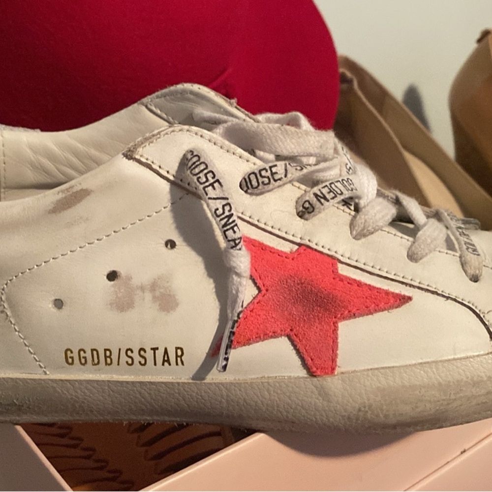 Golden Goose Like New White and Pink Distressed Sneakers